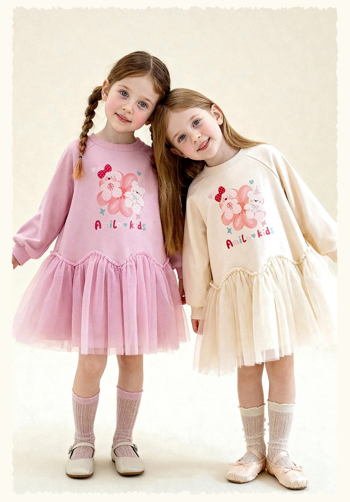 長袖ワンピース Cartoon Print Mesh Spliced Dress プリントチュールドッキングワンピース【mh0011984】