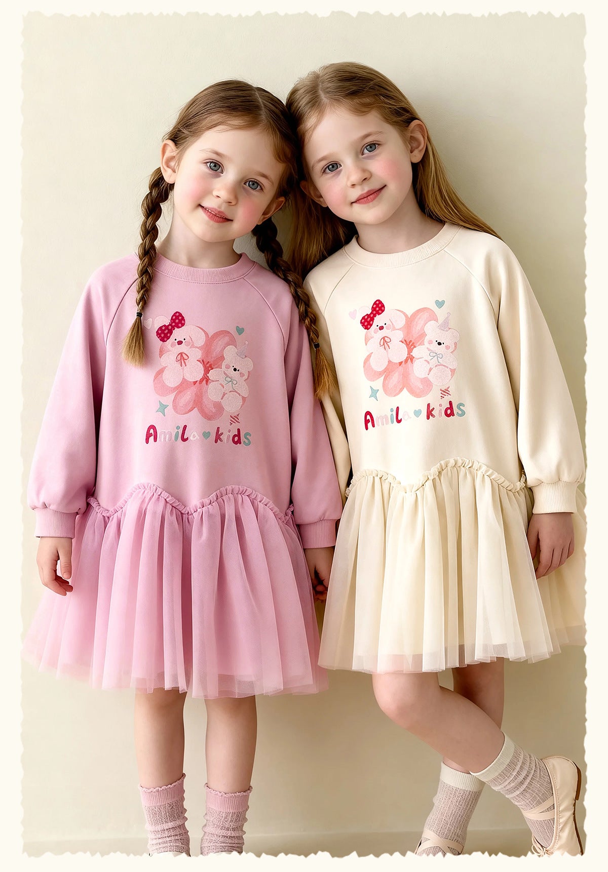 長袖ワンピース Cartoon Print Mesh Spliced Dress プリントチュールドッキングワンピース【mh0011984】