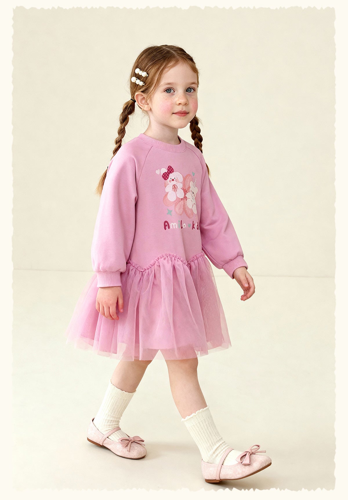 長袖ワンピース Cartoon Print Mesh Spliced Dress プリントチュールドッキングワンピース【mh0011984】