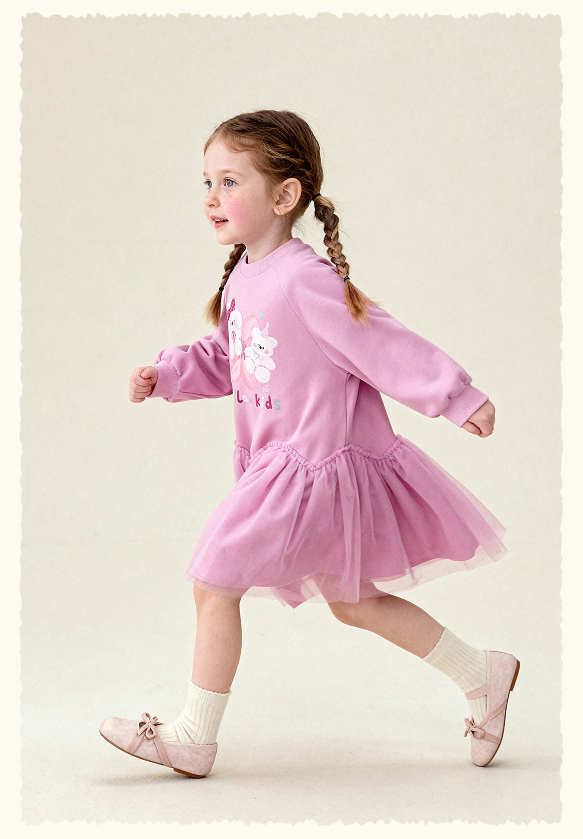 長袖ワンピース Cartoon Print Mesh Spliced Dress プリントチュールドッキングワンピース【mh0011984】