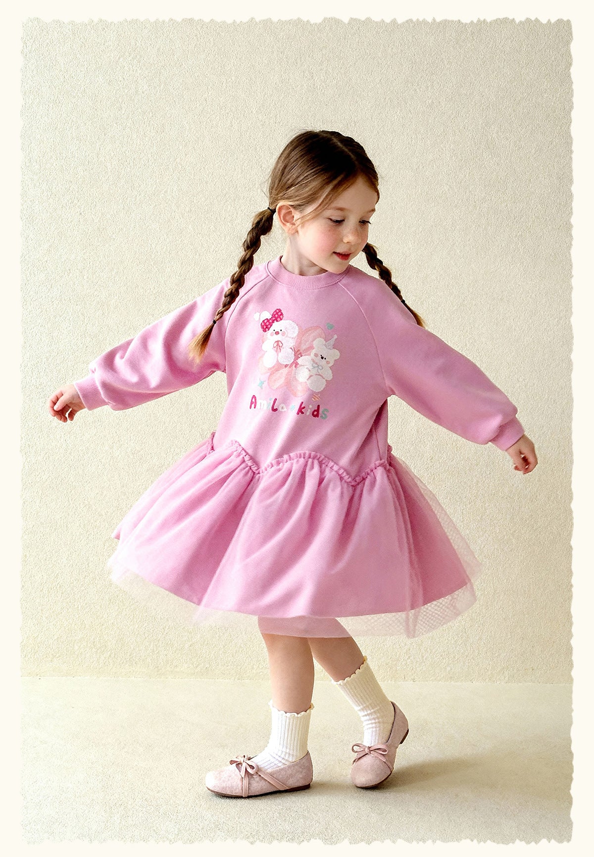 長袖ワンピース Cartoon Print Mesh Spliced Dress プリントチュールドッキングワンピース【mh0011984】