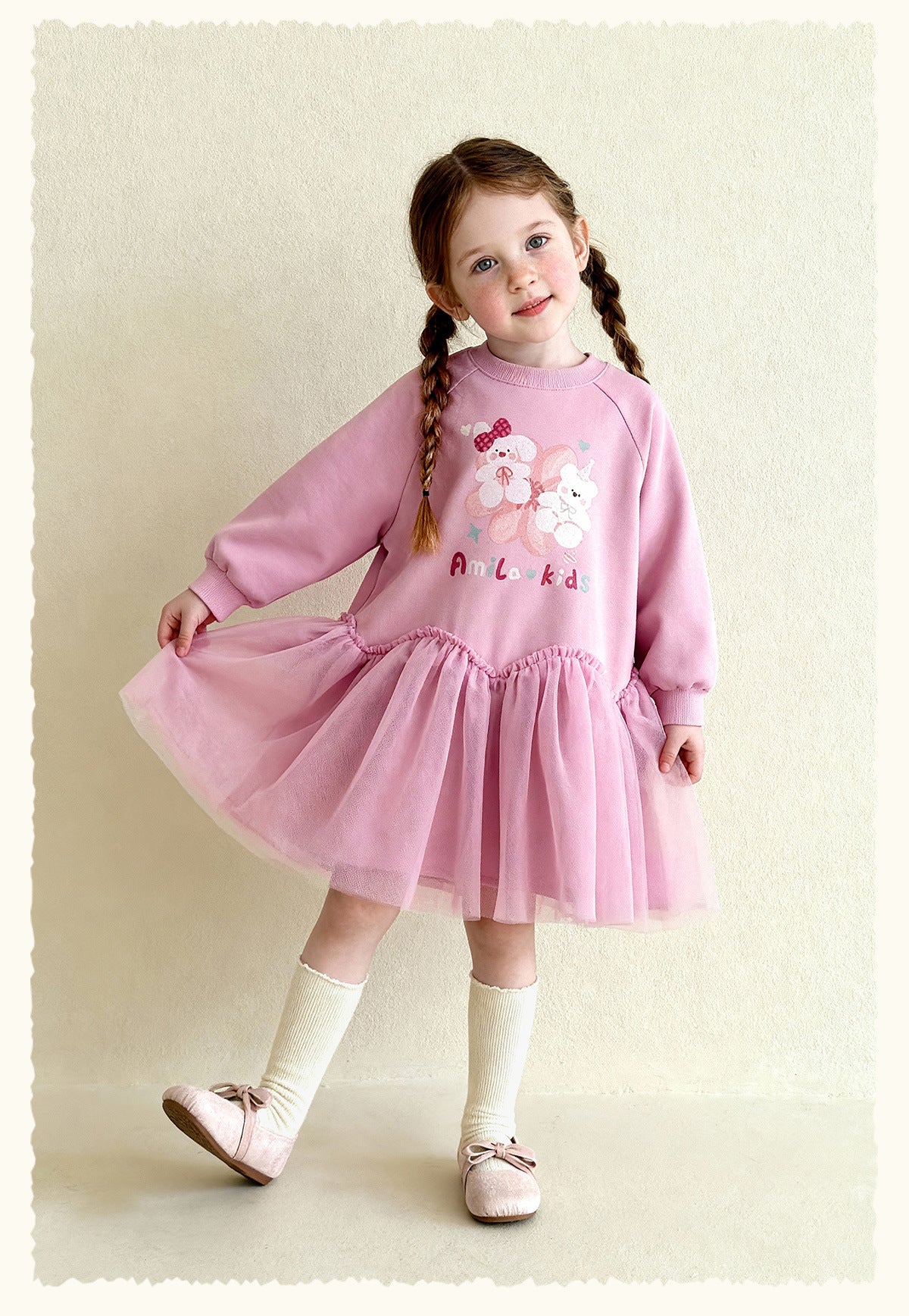 長袖ワンピース Cartoon Print Mesh Spliced Dress プリントチュールドッキングワンピース【mh0011984】