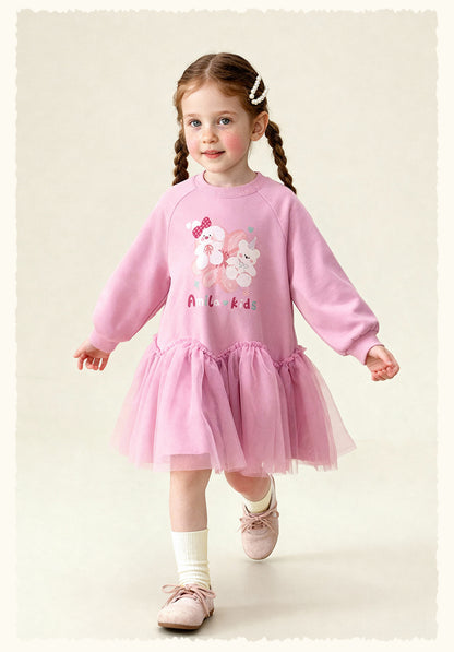 長袖ワンピース Cartoon Print Mesh Spliced Dress プリントチュールドッキングワンピース【mh0011984】