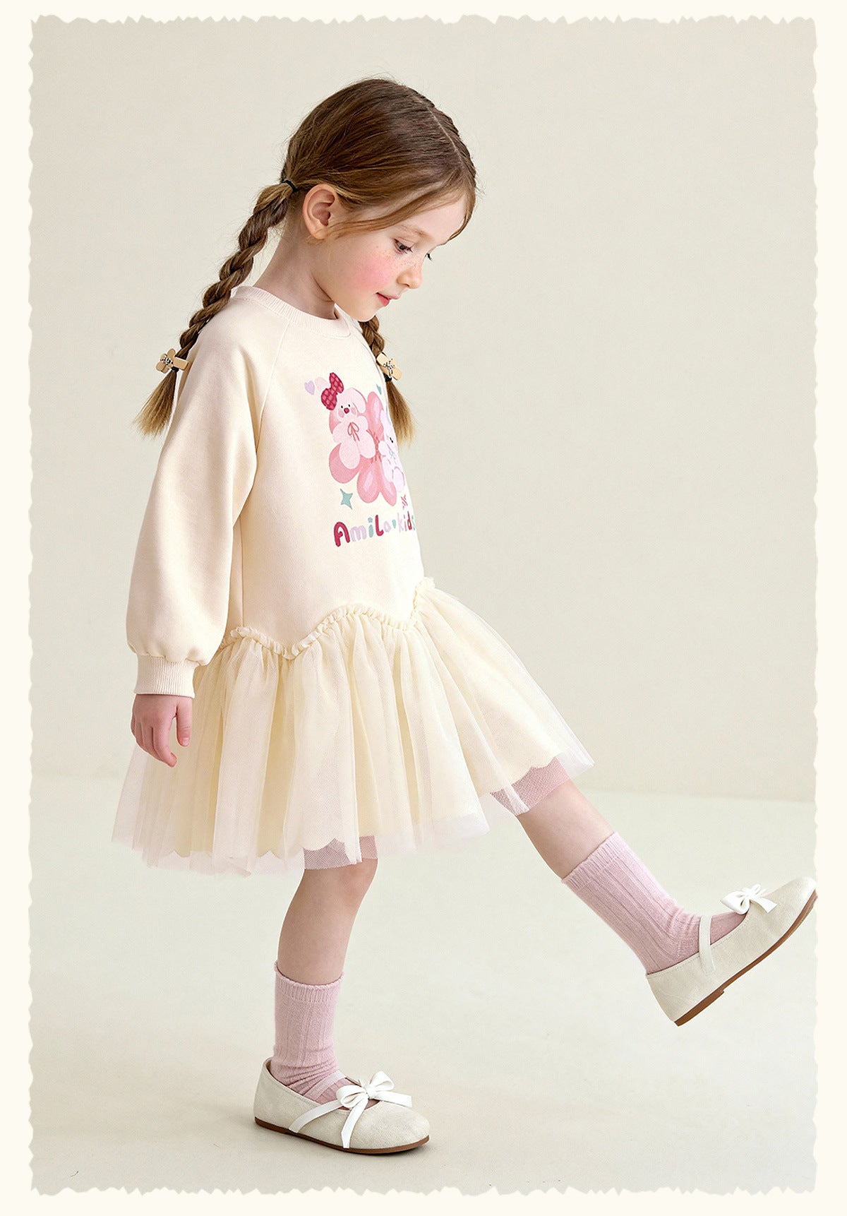 長袖ワンピース Cartoon Print Mesh Spliced Dress プリントチュールドッキングワンピース【mh0011984】