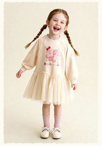 長袖ワンピース Cartoon Print Mesh Spliced Dress プリントチュールドッキングワンピース【mh0011984】