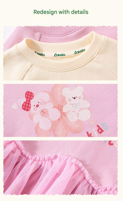 長袖ワンピース Cartoon Print Mesh Spliced Dress プリントチュールドッキングワンピース【mh0011984】