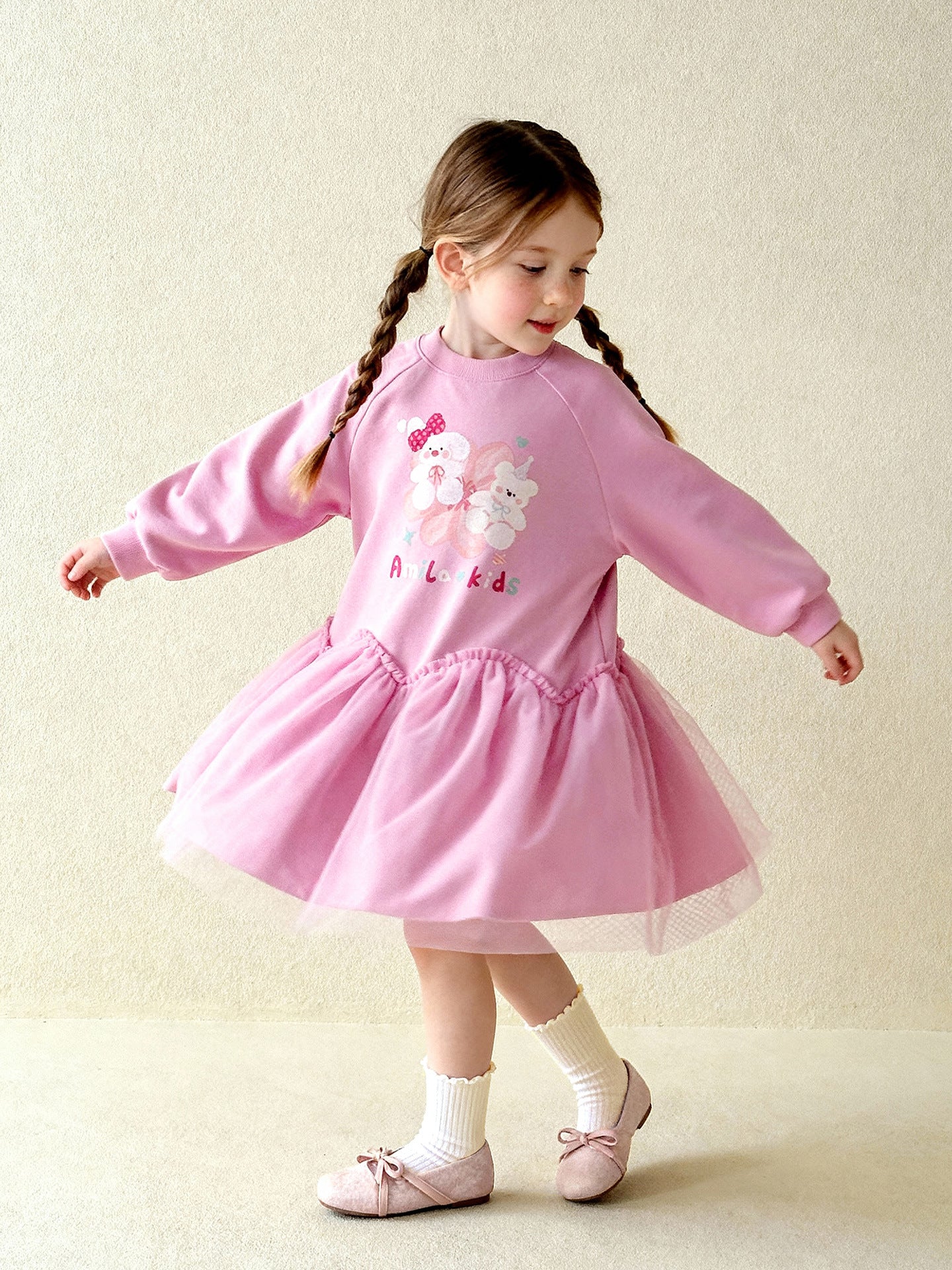 長袖ワンピース Cartoon Print Mesh Spliced Dress プリントチュールドッキングワンピース【mh0011984】