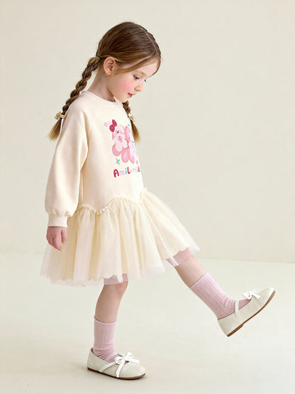 長袖ワンピース Cartoon Print Mesh Spliced Dress プリントチュールドッキングワンピース【mh0011984】