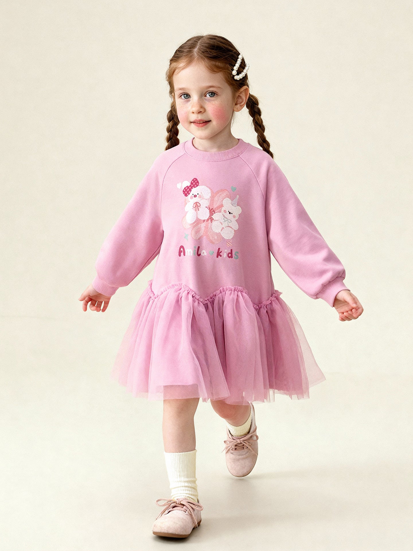 長袖ワンピース Cartoon Print Mesh Spliced Dress プリントチュールドッキングワンピース【mh0011984】