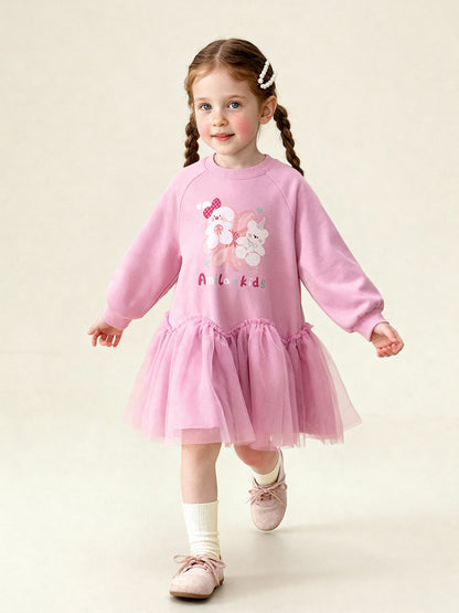 長袖ワンピース Cartoon Print Mesh Spliced Dress プリントチュールドッキングワンピース【mh0011984】