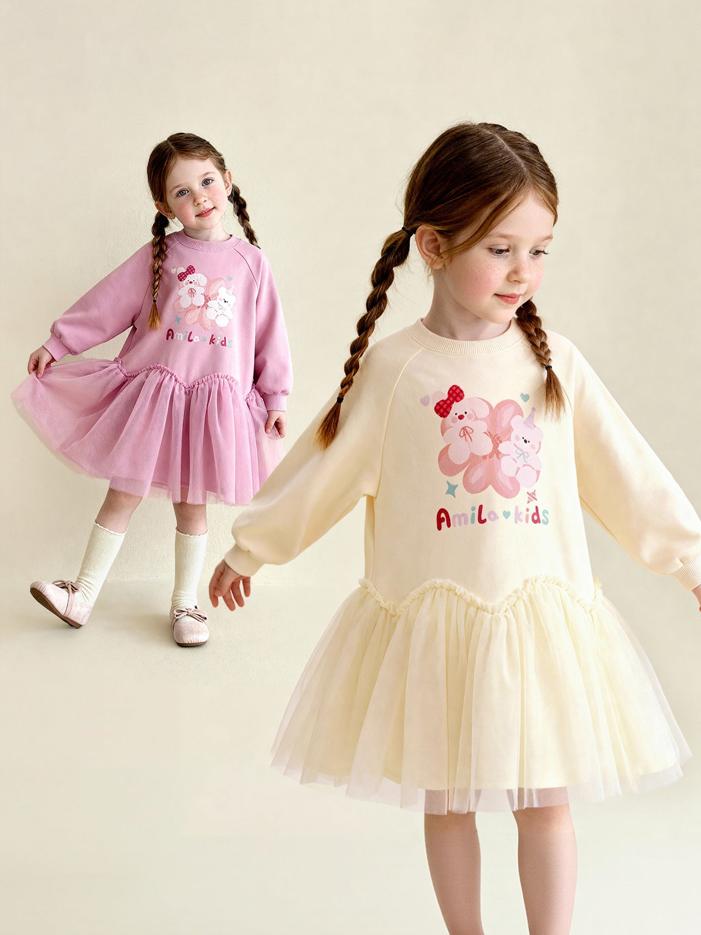 長袖ワンピース Cartoon Print Mesh Spliced Dress プリントチュールドッキングワンピース【mh0011984】