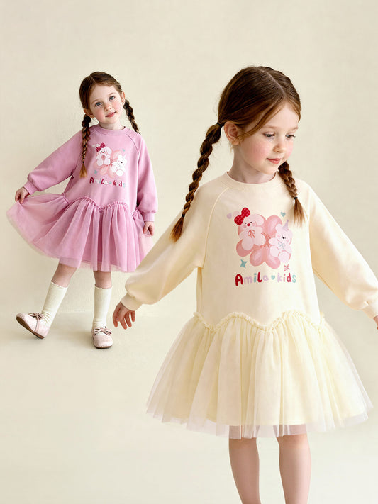 長袖ワンピース Cartoon Print Mesh Spliced Dress プリントチュールドッキングワンピース【mh0011984】