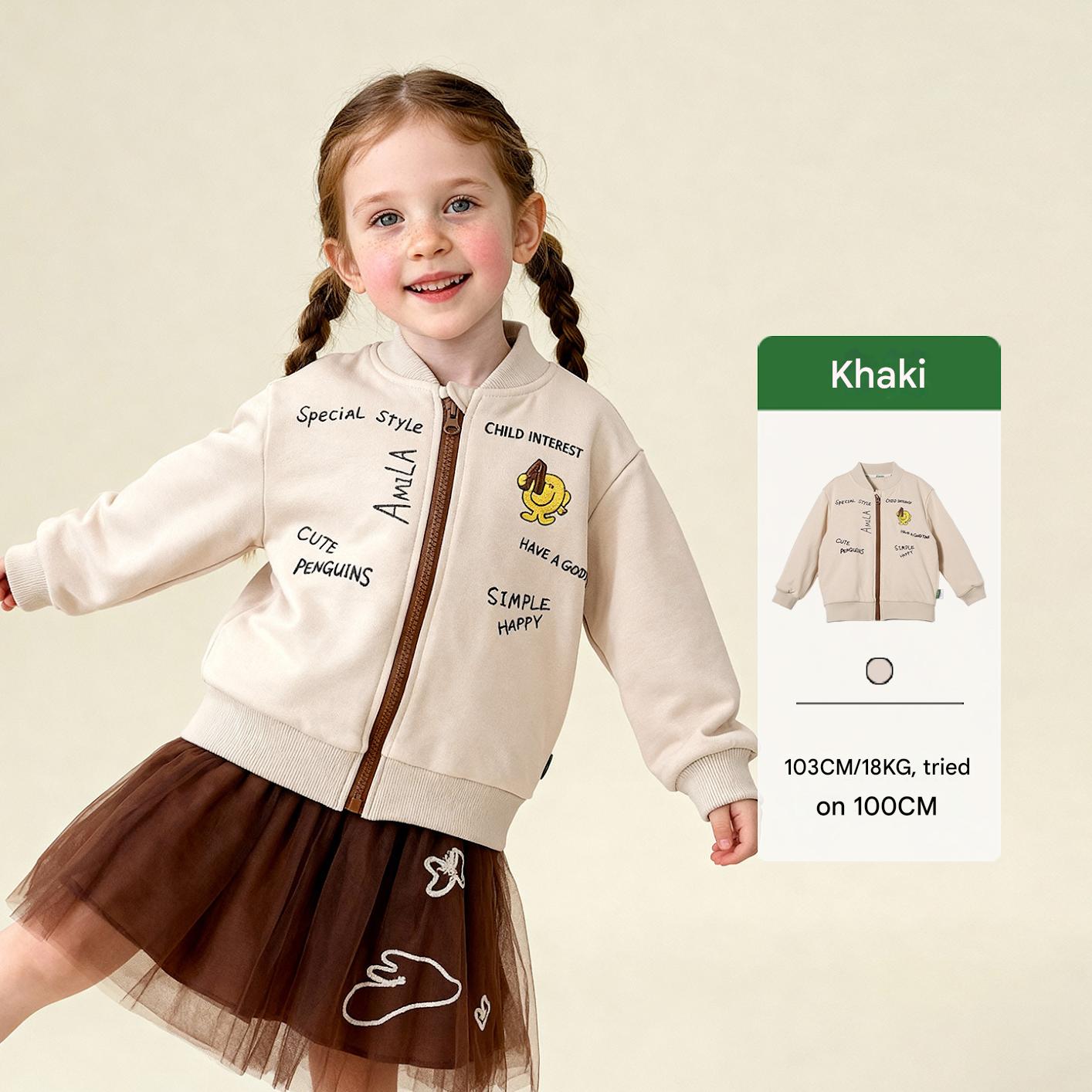 カーディガン・パーカー Khaki / 100cm Cartoon Graffiti Baseball Jacket 落書きプリントジップアップブルゾン【mh0011986】