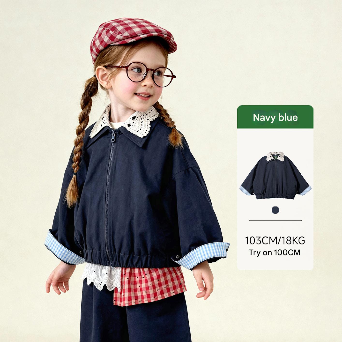 ショートコート・ジャケット・ジャンパー Navy / 100cm Patchwork Check Retro Loose Jacket パッチワークチェック柄ジャケット【mh0011972】