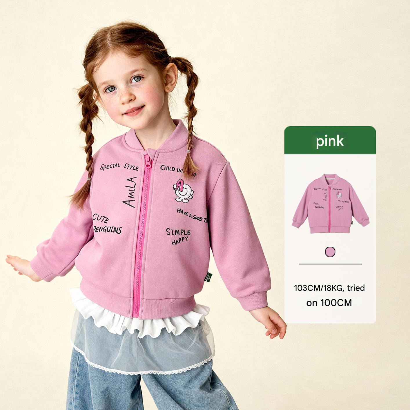 カーディガン・パーカー Pink / 100cm Cartoon Graffiti Baseball Jacket 落書きプリントジップアップブルゾン【mh0011986】