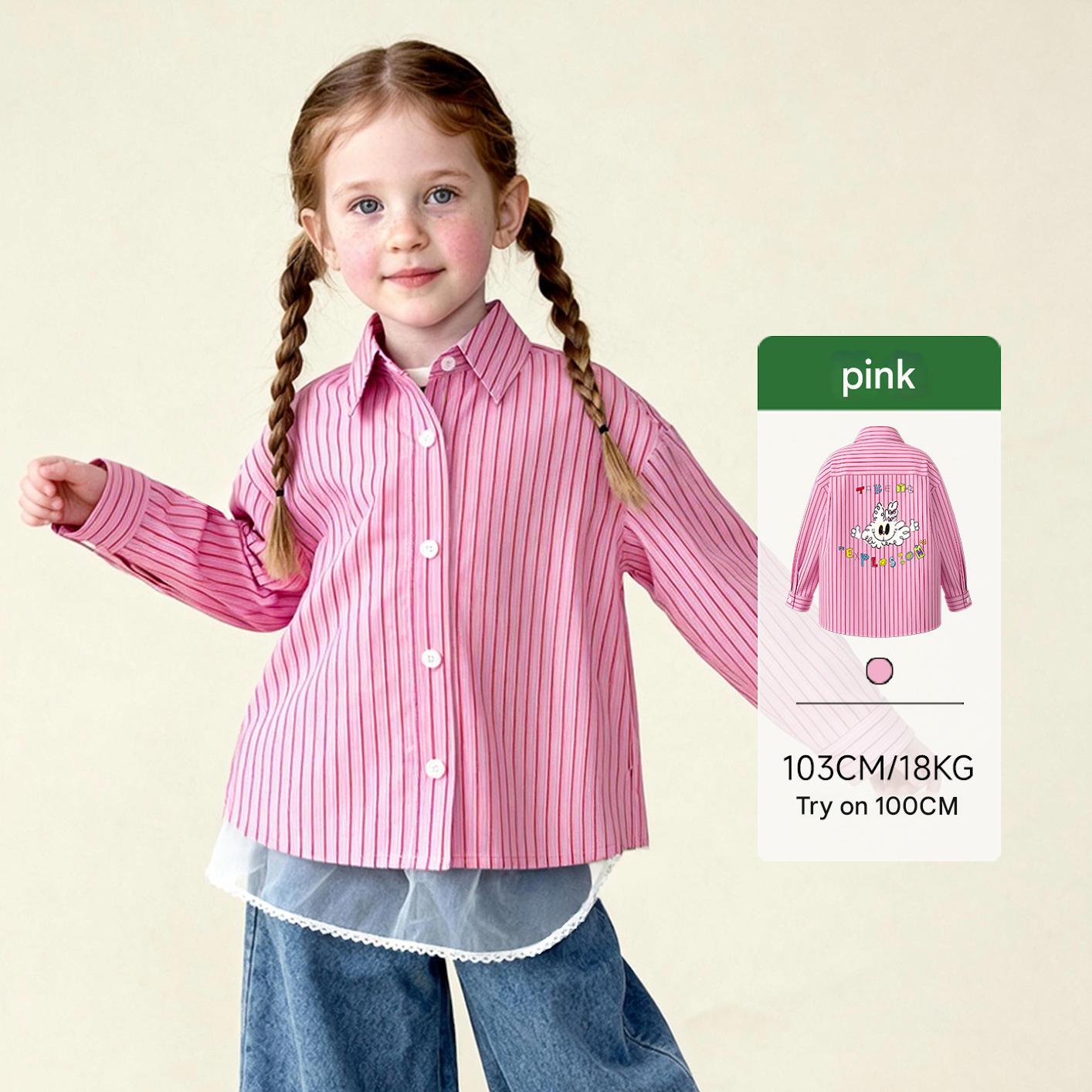 長袖シャツ・ブラウス Pink / 100cm Striped Stand Collar Loose Shirt ストライプ柄スタンドカラーシャツ【mh0011981】