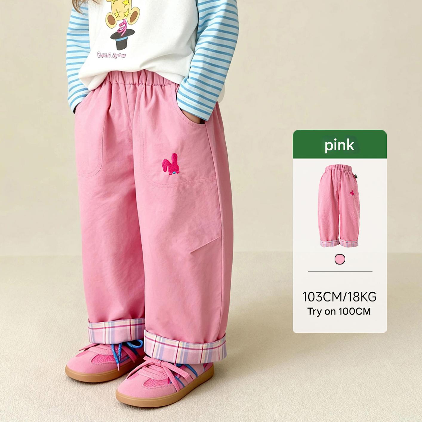 ロングパンツ・スウェットパンツ Pink / 90cm Cartoon Plaid Cuffed Loose Pants チェック柄ロールアップパンツ【mh0011979】