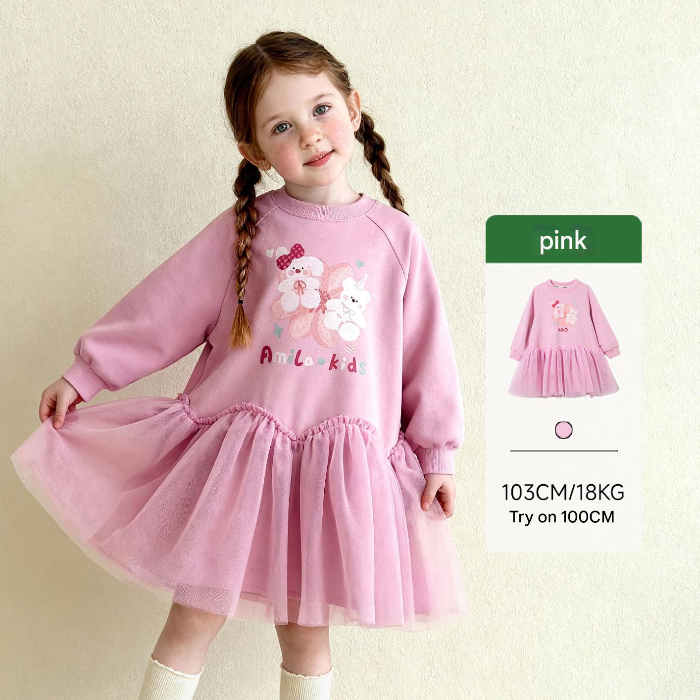 長袖ワンピース Pink / 90cm Cartoon Print Mesh Spliced Dress プリントチュールドッキングワンピース【mh0011984】