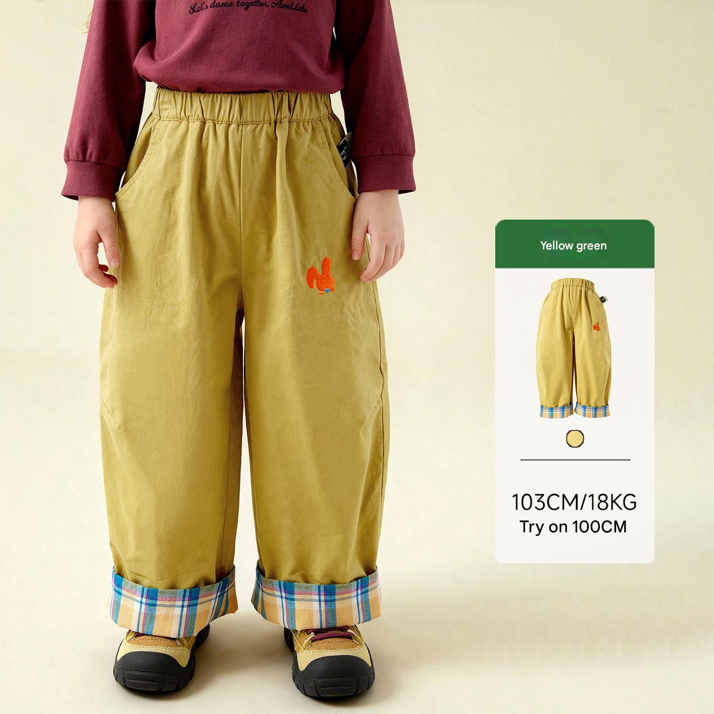 ロングパンツ・スウェットパンツ Yellow Green / 90cm Cartoon Plaid Cuffed Loose Pants チェック柄ロールアップパンツ【mh0011979】