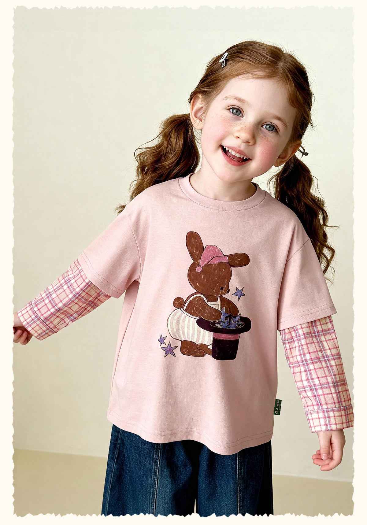 長袖Tシャツ Antibacterial Fake Two Cartoon T-Shirt 抗菌レイヤード風プリントTシャツ【mh0011975】