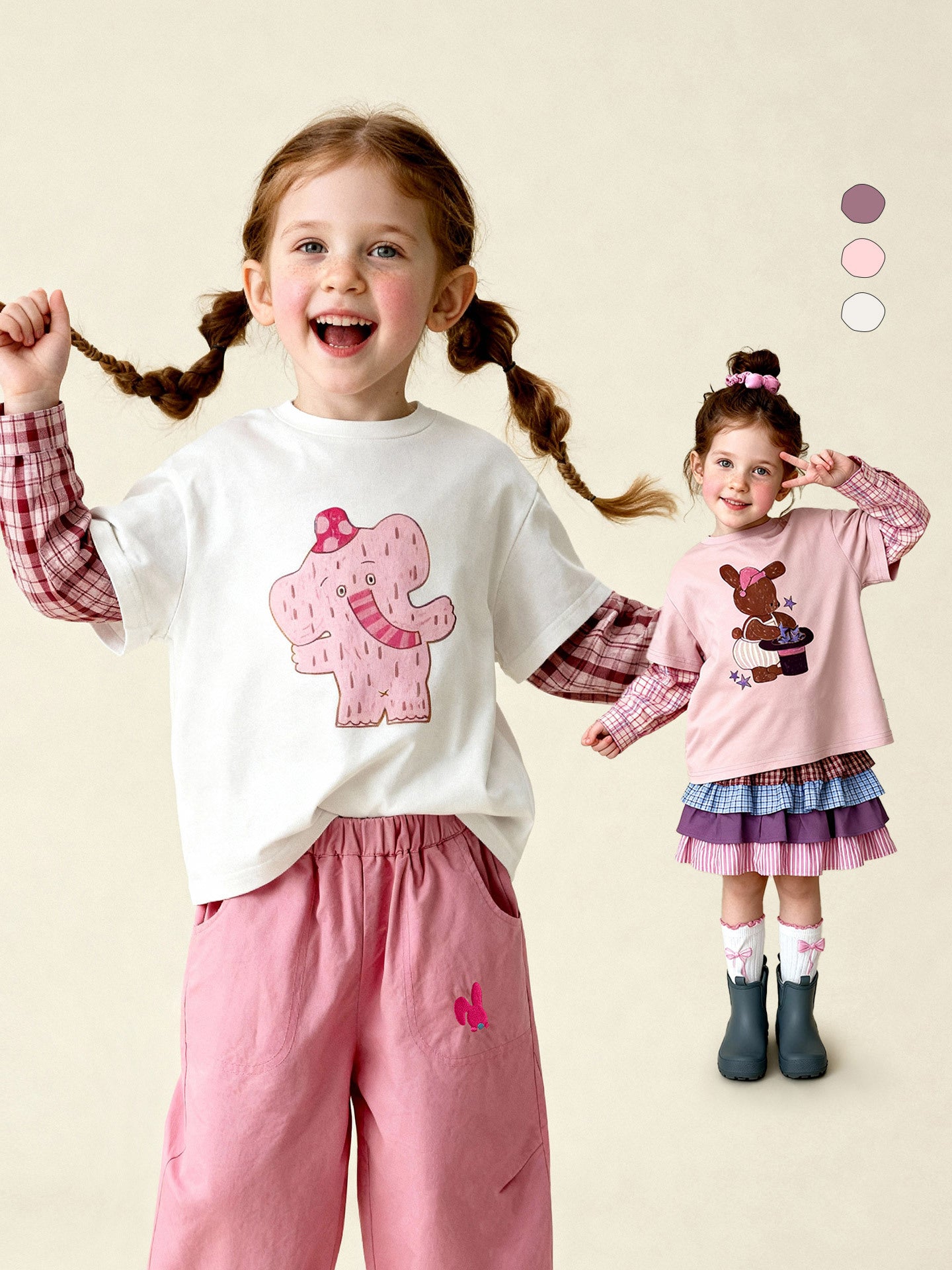 長袖Tシャツ Antibacterial Fake Two Cartoon T-Shirt 抗菌レイヤード風プリントTシャツ【mh0011975】