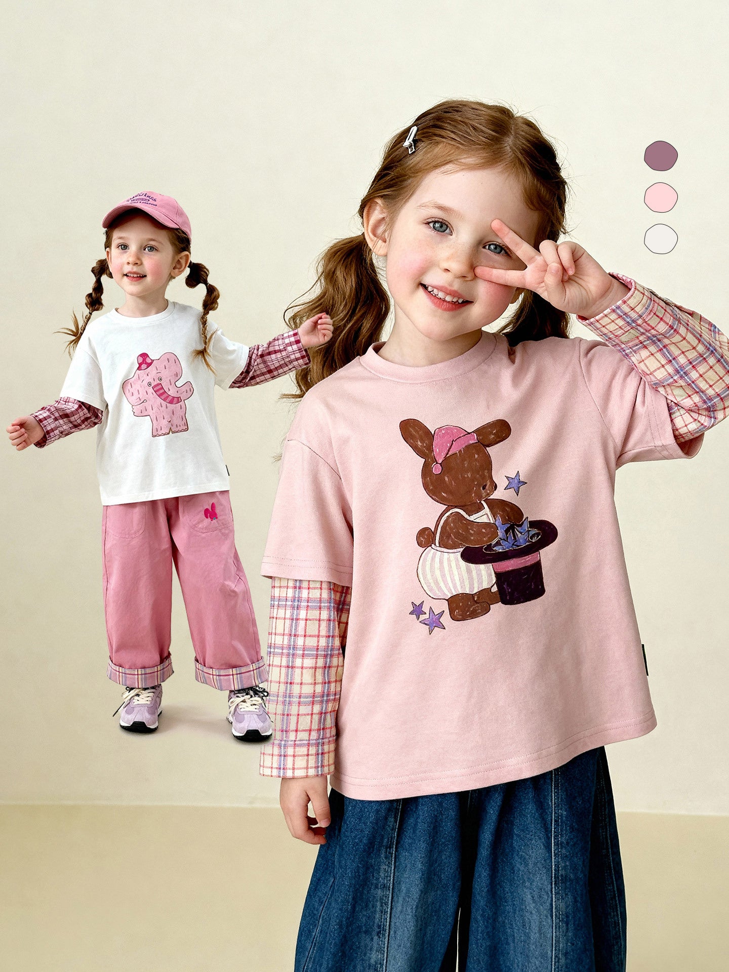 長袖Tシャツ Antibacterial Fake Two Cartoon T-Shirt 抗菌レイヤード風プリントTシャツ【mh0011975】