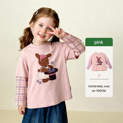 長袖Tシャツ Pink / 90cm Antibacterial Fake Two Cartoon T-Shirt 抗菌レイヤード風プリントTシャツ【mh0011975】