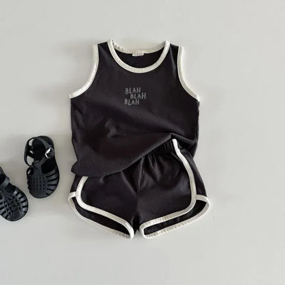 ノースリーブセットアップ キッズセットアップ 2点セット タンクトップ+ショートパンツ レターロゴプリント 2カラー【mh0005242】