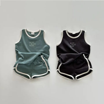 ノースリーブセットアップ キッズセットアップ 2点セット タンクトップ+ショートパンツ レターロゴプリント 2カラー【mh0005242】