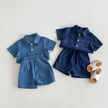 半袖セットアップ キッズセットアップ 2点セット デニム 半袖シャツ+ショートパンツ 2カラー【mh0005248】