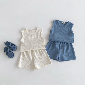 ノースリーブセットアップ キッズセットアップ 2点セット タンクトップ+ショートパンツ シンプルベーシック 2カラー【mh0005251】