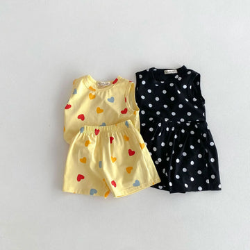 ノースリーブセットアップ キッズセットアップ 2点セット タンクトップ+ショートパンツ カラフルハート/水玉ドットプリント 2カラー【mh0005253】