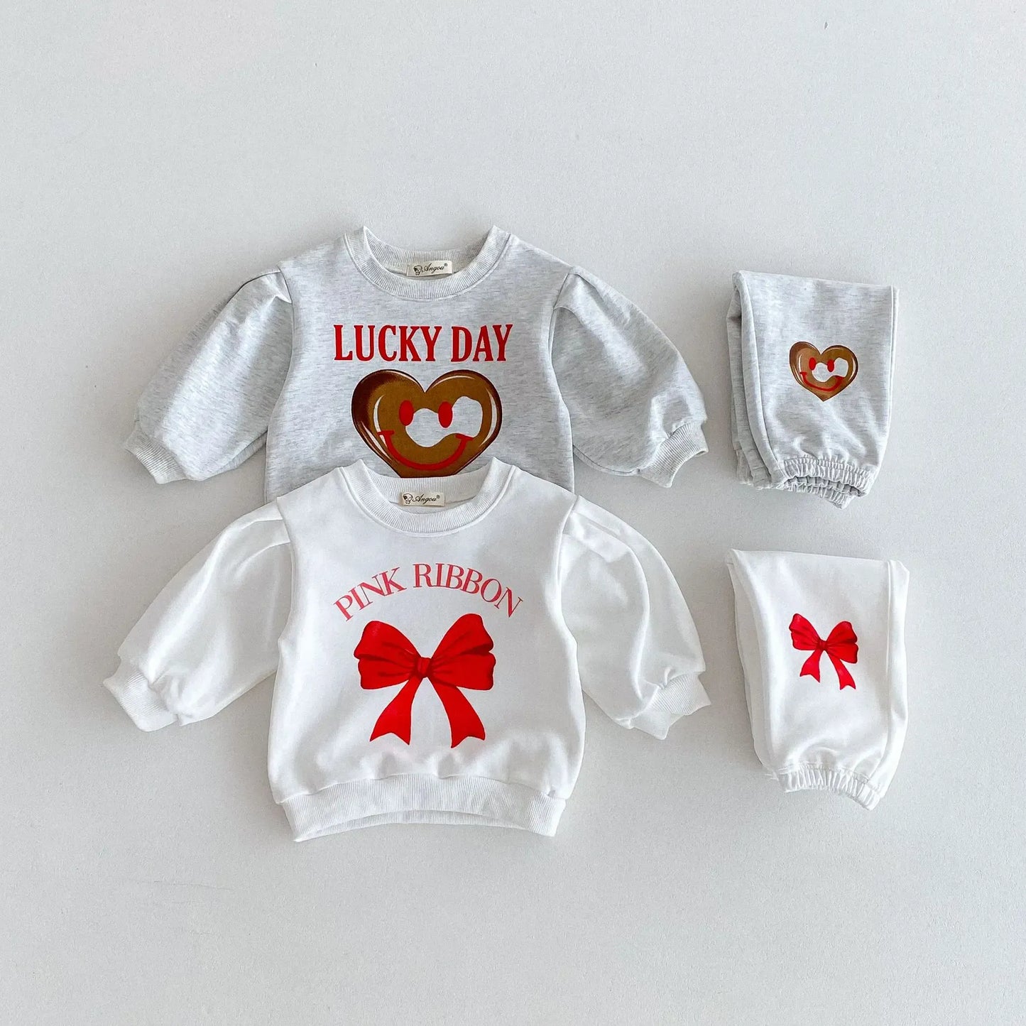 長袖セットアップ キッズセットアップ 2点セット スウェットトレーナー+スウェットパンツ リボン/スマイルハートプリント 2カラー【mh0006633】