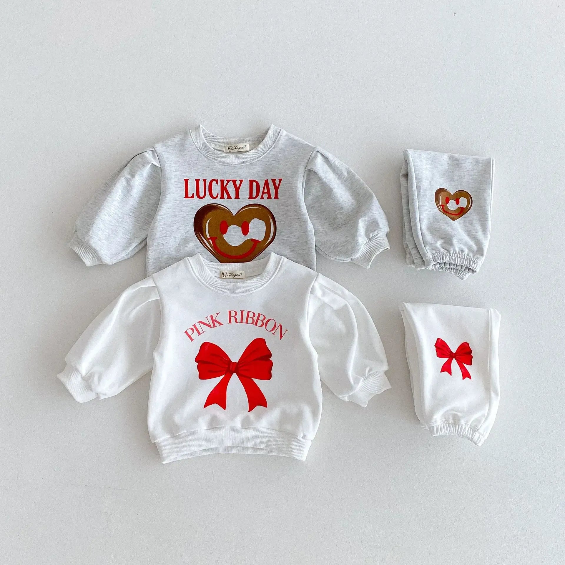長袖セットアップ キッズセットアップ 2点セット スウェットトレーナー+スウェットパンツ リボン/スマイルハートプリント 2カラー【mh0006633】