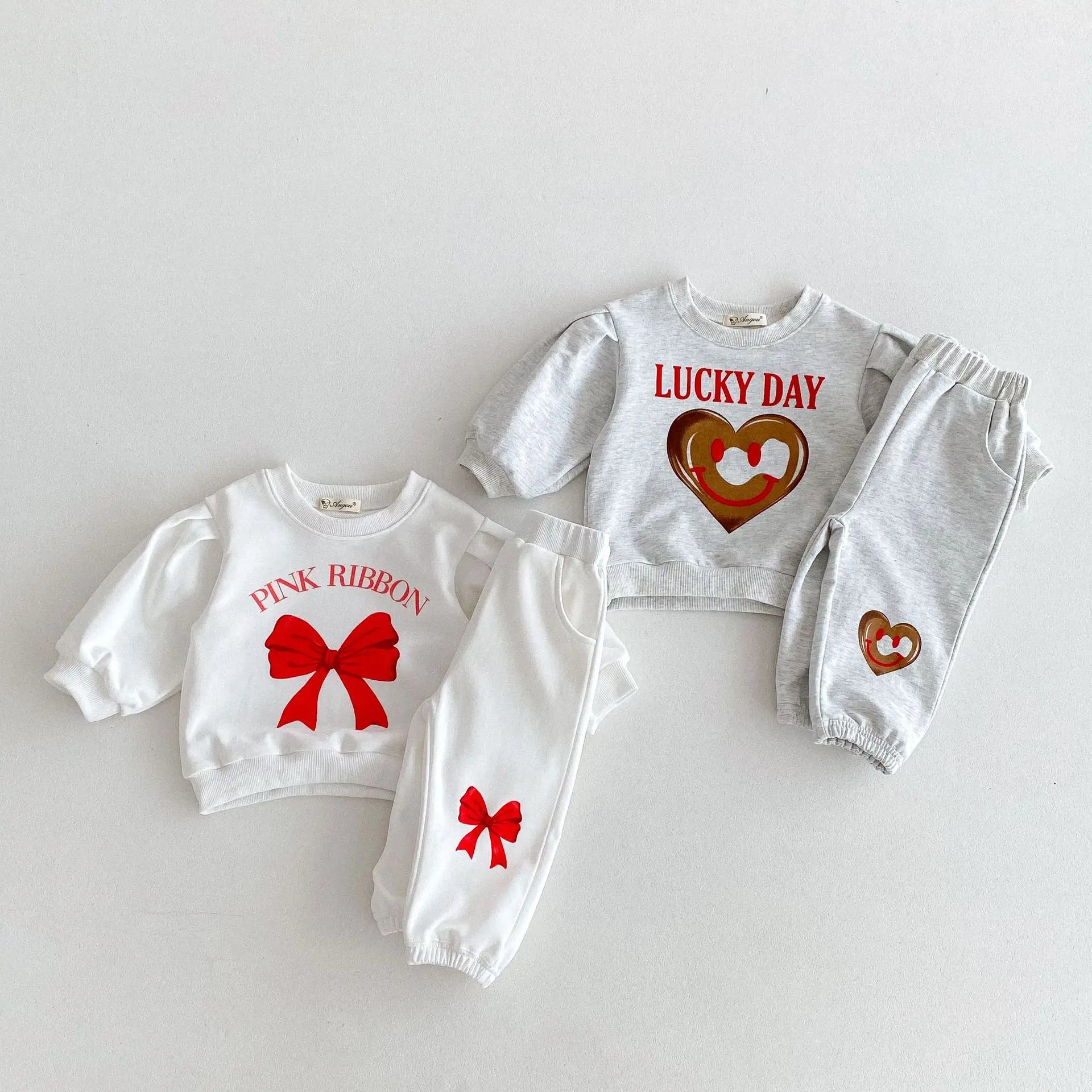 長袖セットアップ キッズセットアップ 2点セット スウェットトレーナー+スウェットパンツ リボン/スマイルハートプリント 2カラー【mh0006633】
