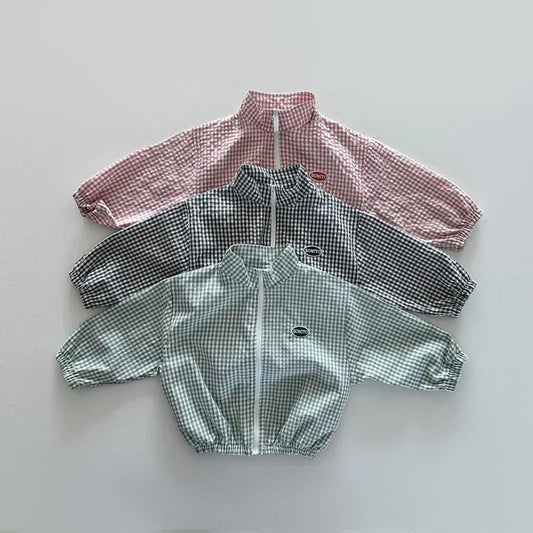 長袖セットアップ キッズセットアップ 2点セット チェック ジッパージャケット+ショートパンツ ウィンドブレーカー 日除け ワンポイント 3カラー【mh0006179】