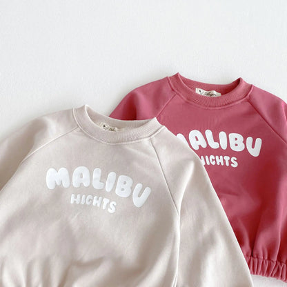 長袖セットアップ キッズセットアップ 2点セット MALIBUレターロゴプリント長袖スウェットシャツ+ロングスウェットパンツ【mh0008807】