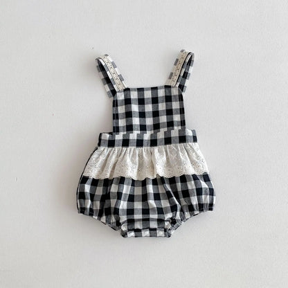 ロンパースセットアップ ベビーセットアップ 2点セット 半袖パフスリーブブラウス+チェックフリルサスペンダーロンパース【mh0005219】