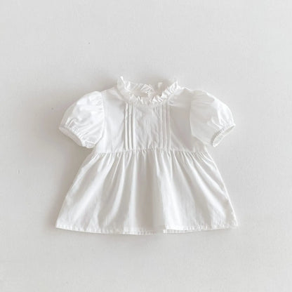 ロンパースセットアップ ベビーセットアップ 2点セット 半袖パフスリーブブラウス+チェックフリルサスペンダーロンパース【mh0005219】