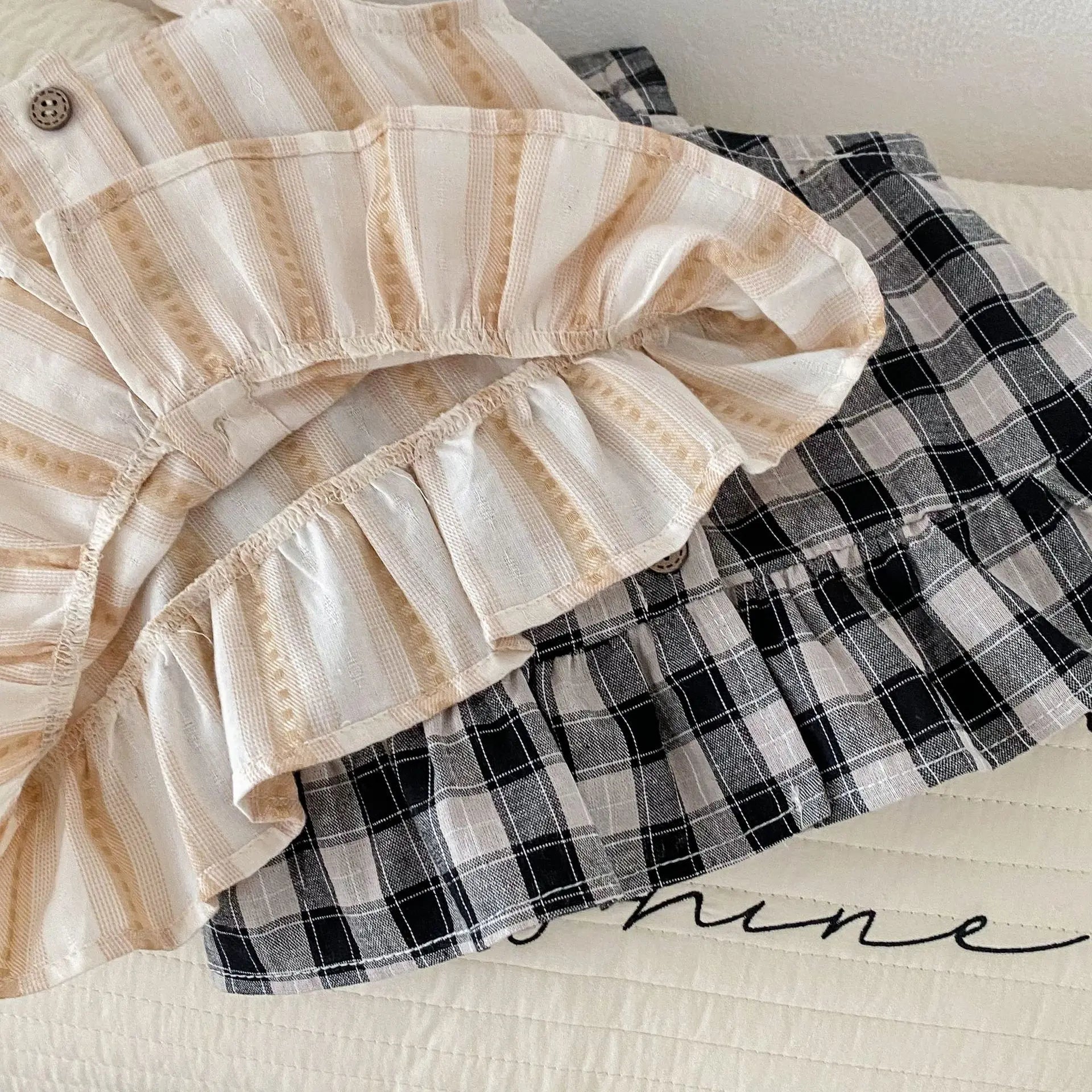 ノースリーブセットアップ キッズセットアップ 2点セット キャミソールペプラムブラウス+ワイドルーズパンツ チェック/ストライプ【mh0005480】