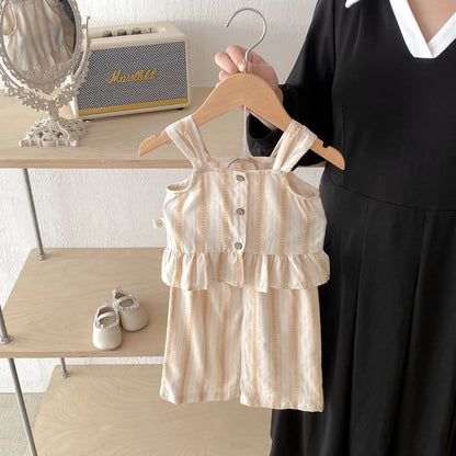 ノースリーブセットアップ キッズセットアップ 2点セット キャミソールペプラムブラウス+ワイドルーズパンツ チェック/ストライプ【mh0005480】