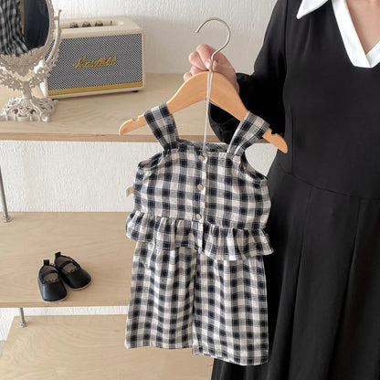 ノースリーブセットアップ キッズセットアップ 2点セット キャミソールペプラムブラウス+ワイドルーズパンツ チェック/ストライプ【mh0005480】