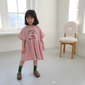 半袖ワンピース キッズワンピース 半袖プリントサマーワンピース チェリーさくらんぼプリント 2カラー【mh0005572】