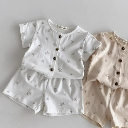 半袖パジャマ キッズパジャマ 半袖パジャマセット トップス+パンツ フラワー小花柄プリント 2カラー【mh0006044】