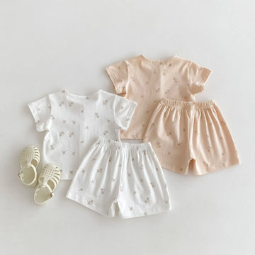 半袖パジャマ キッズパジャマ 半袖パジャマセット トップス+パンツ フラワー小花柄プリント 2カラー【mh0006044】