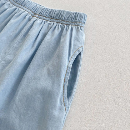 ノースリーブセットアップ キッズセットアップ 2点セット ノースリーブブラウス+ロングパンツ デニム ライトブルー【mh0006316】