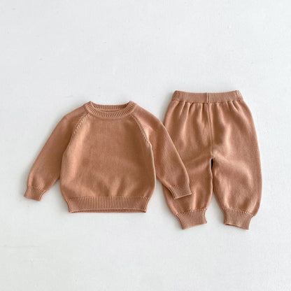 長袖セットアップ キッズトップス/パンツ ニット 長袖セーター/ニットロングパンツ シンプルベーシック 2カラー【mh0006634】