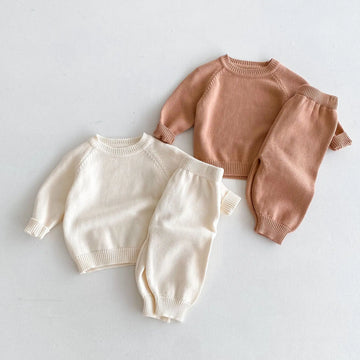 長袖セットアップ キッズトップス/パンツ ニット 長袖セーター/ニットロングパンツ シンプルベーシック 2カラー【mh0006634】