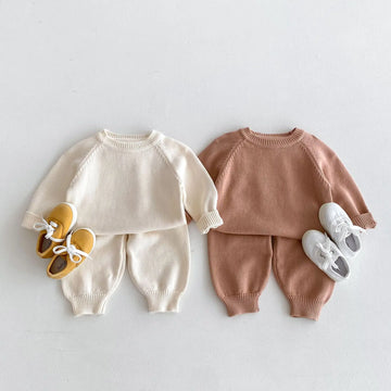 長袖セットアップ キッズトップス/パンツ ニット 長袖セーター/ニットロングパンツ シンプルベーシック 2カラー【mh0006634】