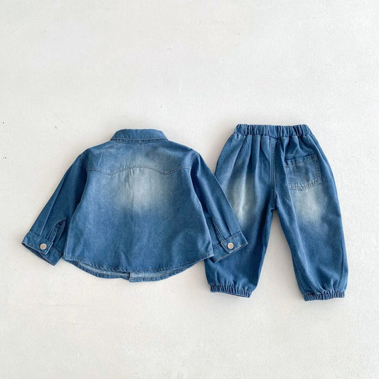 長袖セットアップ キッズセットアップ 2点セット デニム 長袖シャツ+ロングルーズパンツ ブルー【mh0006669】